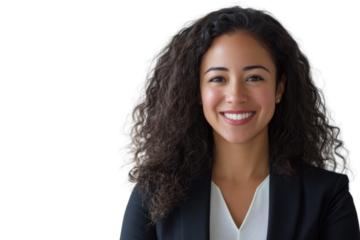 Smiling woman with curly hair in a professional outfit against a white background.