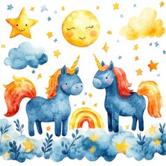 Obraz premium Watercolor style illustration of a unicorn in pastel tones, bright and cute style on a white background. It is a clip art that helps in various graphic design works.