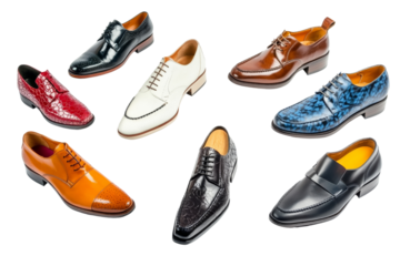 Stylish collection of various men's shoes arranged together on a white background, showcasing diverse colors and designs.