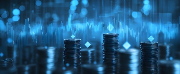 Digital background of blue and gray financial graphs with upward arrows, stacks of coins in the foreground,