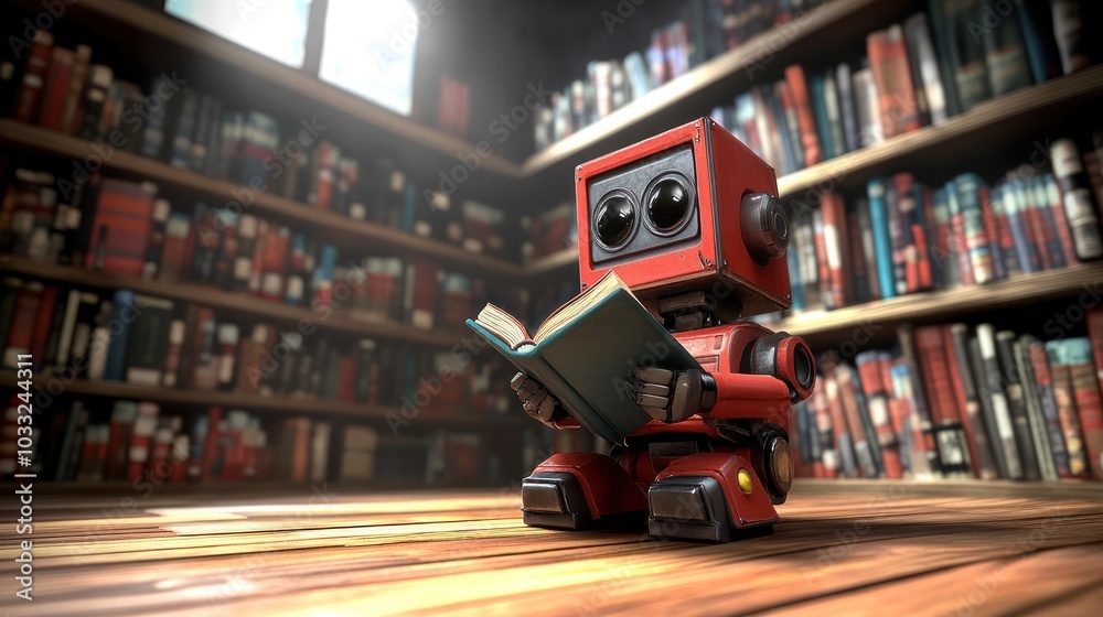 Poster Red Robot Reading a Book in a Library