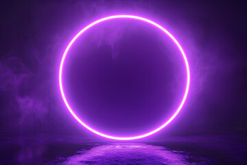 Fototapeta premium Render Neon circle rotation of frame with shining effects on dark background. Video animation Empty purple glowing techno backdrop. Round motion frame