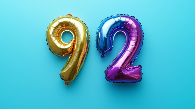 Rainbow foil balloon ninety two. Top view. Colored number on blue background.
