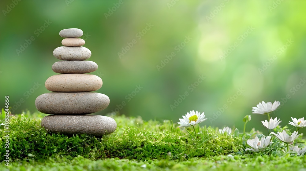 Poster stacked stones slightly off balance representing the delicate balance and efforts to restore harmony