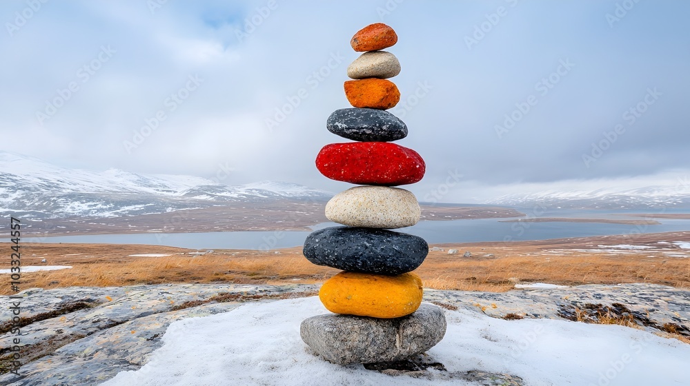 Poster Stacked stones in a precarious yet balanced arrangement representing the efforts to restore harmony and equilibrium in nature and the environment
