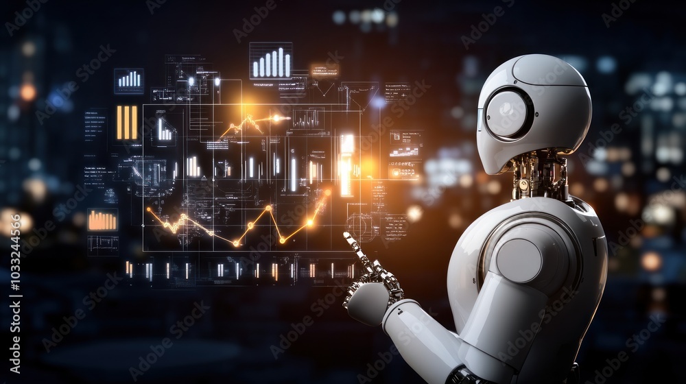 Fototapete Robot Analyzing Data on Futuristic Interface