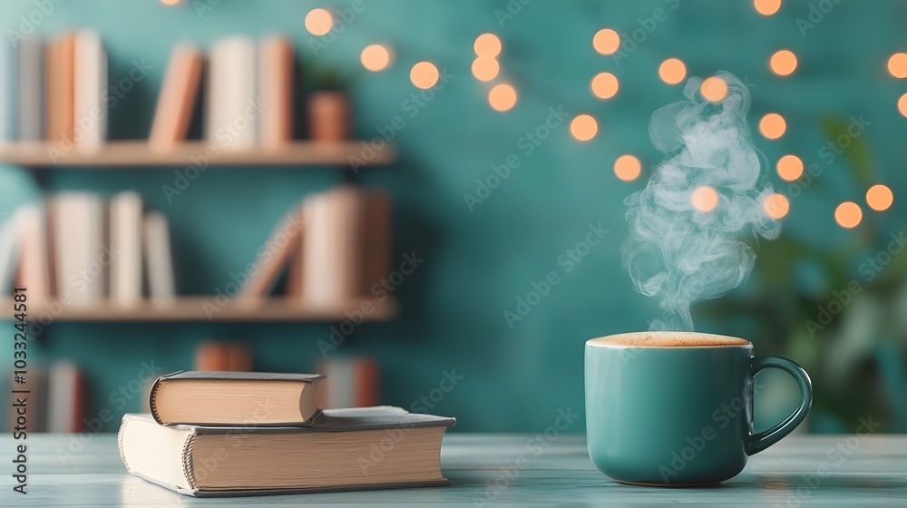 Poster steaming hot cup of coffee with wisps of steam rising set against the blurred background of bookshel