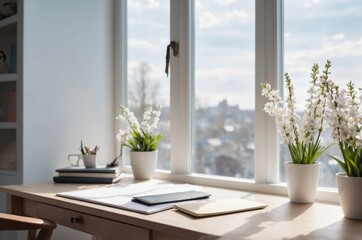 Fototapeta premium Sunny windowsill with white flowers and desk setup