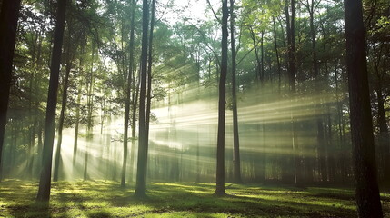 Obraz premium Sunbeams Through the Canopy: A captivating view of a sun-drenched forest, the rays of light creating a dazzling burst of energy through the trees. This image evokes a sense of serenity and wonder.