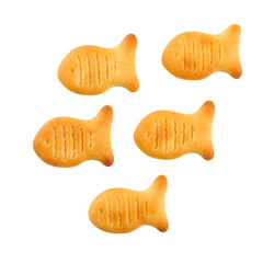 Fish-shaped cracker cookies on a white background. Crispy crackers isolated.