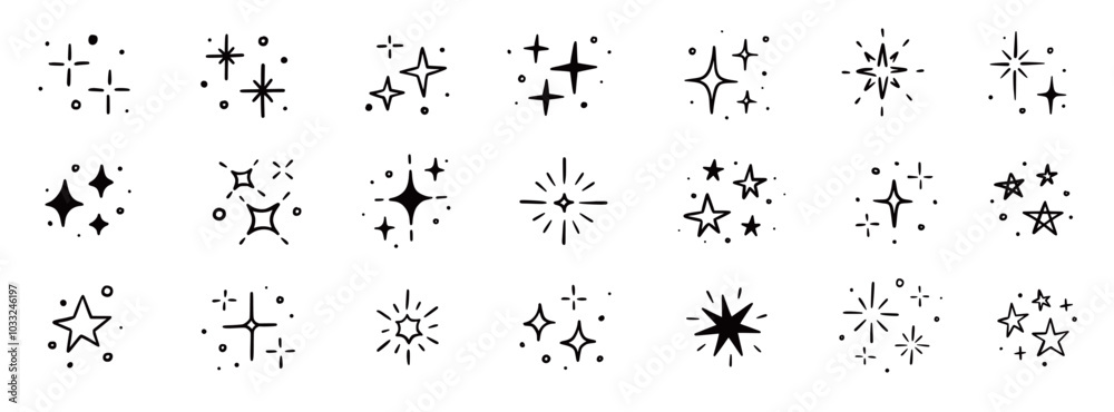 Poster twinkle star vector spark element icon. star twinkle glitter spark hand drawn shine icon set. hand d