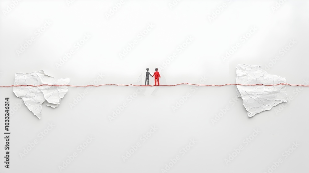 Poster Torn paper stitched together with thread representing the concept of mending of damaged relationships or broken connections
