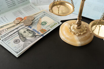 banking and finance or financial law concept. scales of justice and dollar money on passbook...