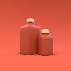 Medicine plastic bottles on a the orange background. Medicine package design. 3d illustration.