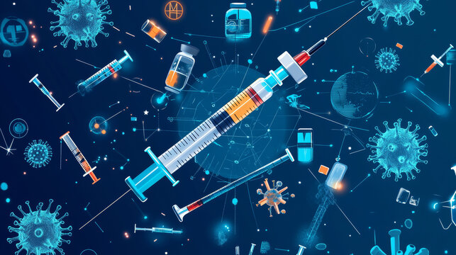 A realistic image showing a syringe and a vial of the COVID-19 vaccine, surrounded by medical symbols.