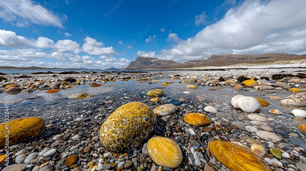 Poster Tranquil beach scene featuring a serene shoreline littered with smooth rocks and seashells drawing the eye towards a distant hazy horizon  This minimalist