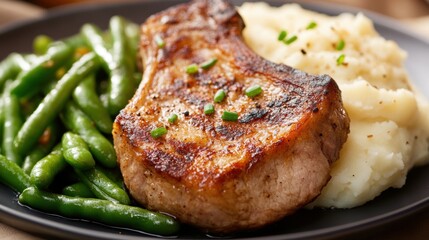 Delicious pork chops plated with sauted green beans and creamy mashed potatoes, perfect comfort meal. Copy space.