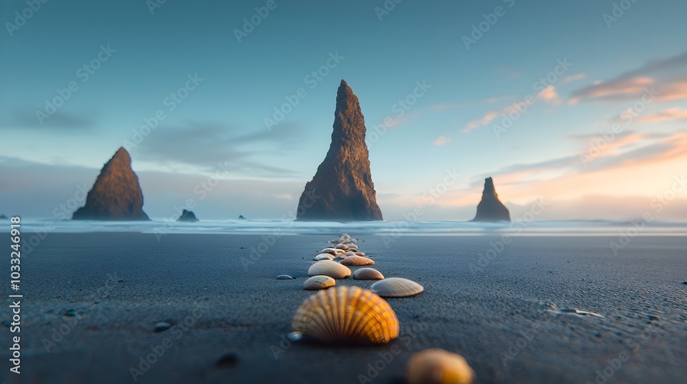 Aufkleber tranquil scene of rocks and seashells scattered across a serene beach leading the eye toward a capti