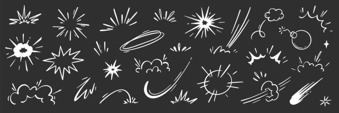 Comic cartoon boom speed effect, explosive motion line element set. Comic boom burst, explosive smoke, line speed cartoon chalkboard. Hand drawn sketch doodle action effect. Vector illustration.