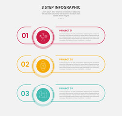 3 points template infographic outline style with 3 point step template with long round rectangle shape with stack vertical layout for slide presentation