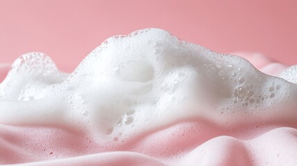 Fototapeta premium Fluffy white shampoo bubbles against a soft pink background, emphasizing cleanliness and softness.