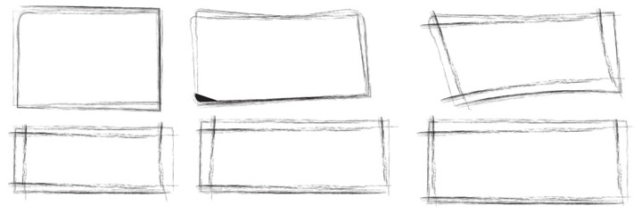 Set of wax pencil hand drawn frames. Collection of writing by children pastel rectangular and square geometric shapes. Black doodle style outline text boxes with grunge texture. Vector illustration