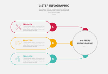 3 points template infographic outline style with 3 point step template with round rectangle container connection with big circle for slide presentation