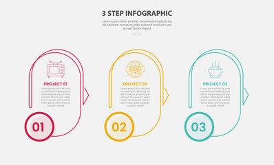 3 points template infographic outline style with 3 point step template with round vertical shape with circle badge at bottom for slide presentation