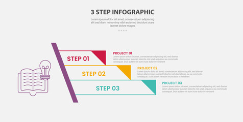 3 points template infographic outline style with 3 point step template with sharp rectangle stairway ladder with triangle edge for slide presentation