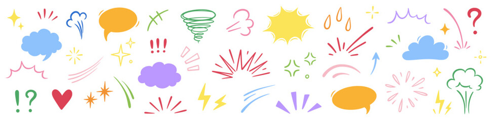 Comic cartoon effect cute element set. Comic speech bubble, emoji symbol, star spark, line movement cartoon vector icon. Cute hand drawn doodle speed motion, funny spark. Vector illustration