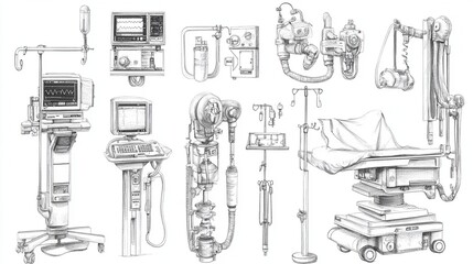 Detailed Pencil Drawing of Medical Equipment in Healthcare