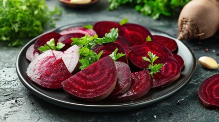 Freshly sliced red beets served on an elegant plate, paired with a light dressing and herbs for a refreshing appetizer.