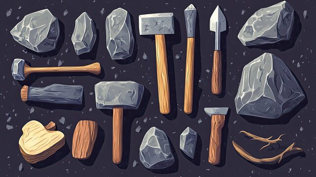 Stone Age Tools and Rocks on a Dark Background