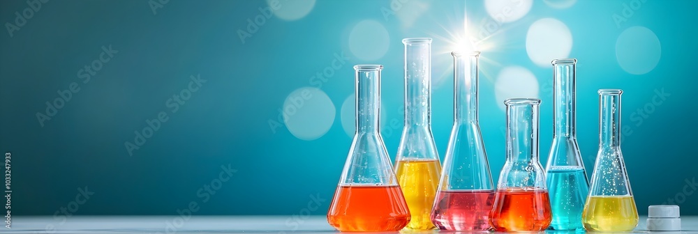 Poster vibrant and illuminated laboratory glassware with colorful liquids spilling light in a scientific ex