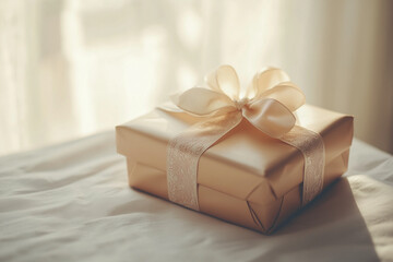 Beige gift box tied with lace ribbon in soft light