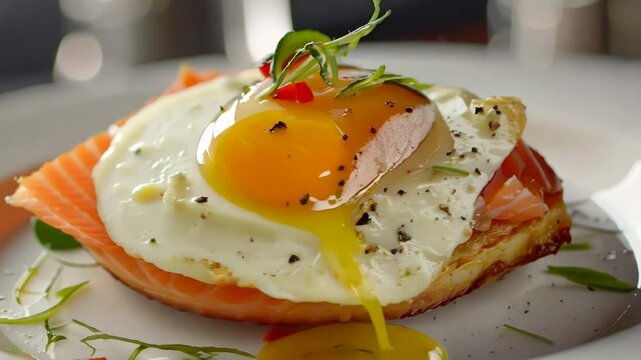 Eggs benedict with liquid yolk flowing out from the poached eggs with salmon and greenery