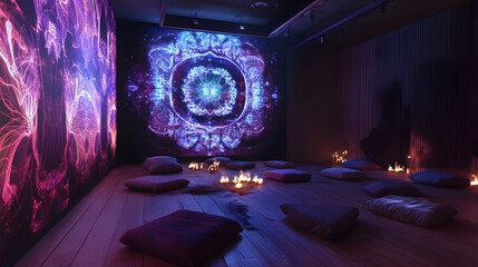 mandala room, sacred geometry projection, floating cushions, incense