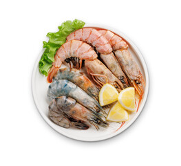 Raw shrimps on plate over white