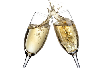A close-up of champagne glasses clinking in mid-air, isolated on a transparent background