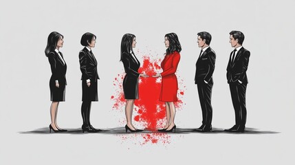 Diverse Women in Black Suits Stand Opposite Men