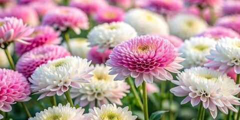 Obraz premium Blooming white and pink chrysanthemums field background at eye level
