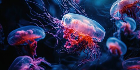 Fototapeta premium Neon jellyfish with long tentacles in dark water.