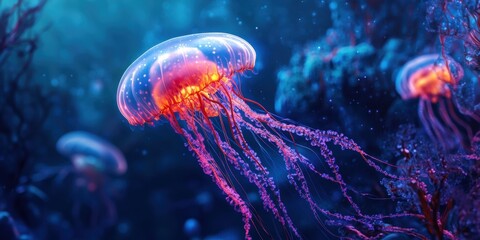 Obraz premium Glowing jellyfish in blue water.