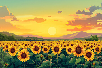 Obraz premium A vibrant field of sunflowers under a colorful sunset sky.