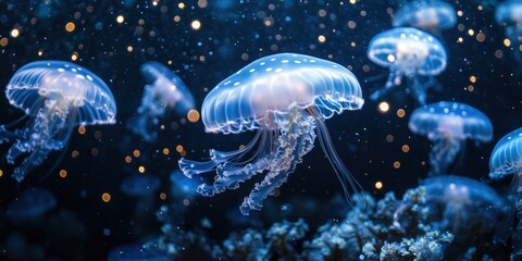 Obraz premium Glowing jellyfish in a dark, underwater scene.