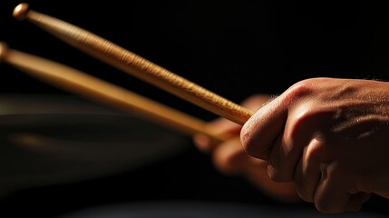 Hand Holding Wooden Drumsticks in a Dark Room