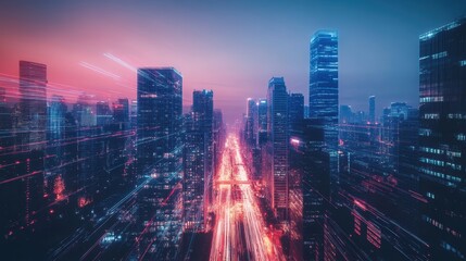 Fototapeta premium Neon city lights streak through skyscrapers.