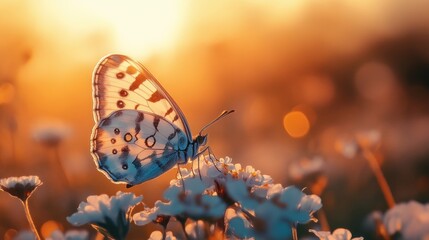 Obraz premium A Butterfly Resting on White Flowers During Sunset