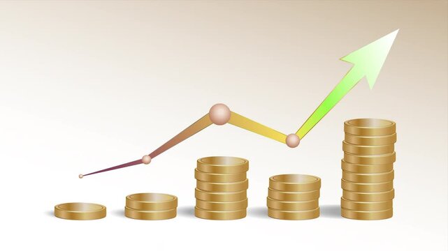 Animated video of a stack of golden coins with an decrease and increase arrow graph, symbolizing financial growth and success