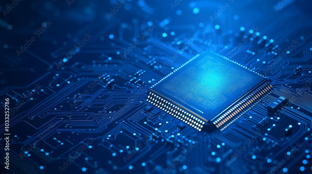 Poster a dark blue background featuring a circuit board and a computer processor.low poly digital wireframe